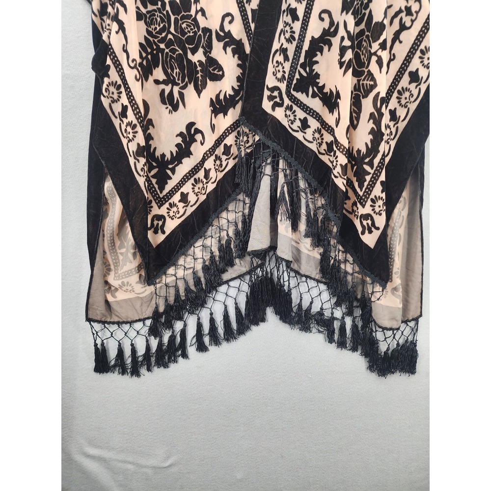Free People OS Burnout Velvet Kimono Fringe Floral Wrap Black Pink Oversized NWT - Picture 4 of 13